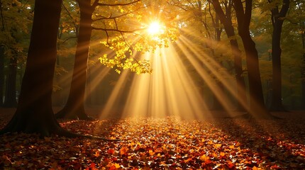 Golden sunbeams pierce through autumn foliage, illuminating a forest floor carpeted with fallen leaves, creating a serene and magical woodland scene.