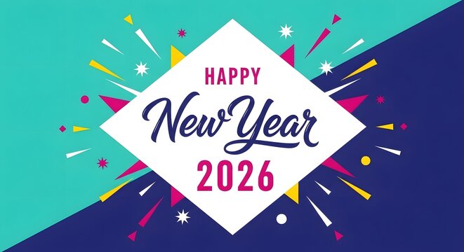 Happy new year 2026 celebration with colorful exploding fireworks and festive confetti against a split background