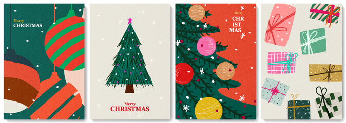 A collection of hand-drawn Merry Christmas and New Year 2026 greeting cards in a modern cartoon style. Vector art banner with a Christmas tree, toy balls, and gift boxes.
