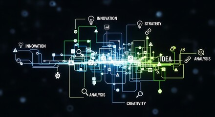 Obraz premium Complex network diagram illustrating innovation strategy analysis and creativity on black backdrop