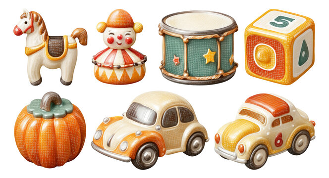 Colorful Vintage Toy Collection Featuring Clown, Horse, Drum, Block, Cars, Pumpkin