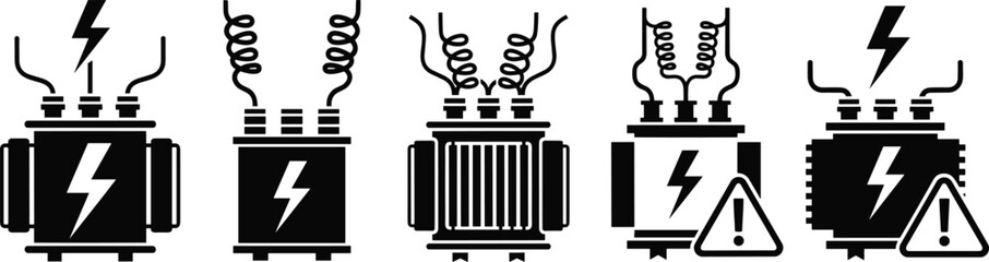 Electrical transformer icons, lightning bolt high voltage symbols, caution hazard warning vector