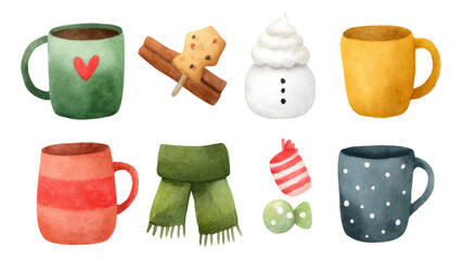 Colorful Collection of Artistic Cups and Holiday Objects on Transparent Background