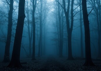 Naklejka premium Deep, atmospheric forest scene drenched in cool blue tones, mist drifting between ancient trunks creating a haunting, soulful mood, serene, deep, eerie