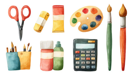 Colorful Art Supplies and Tools for Creative Projects on Transparent Background