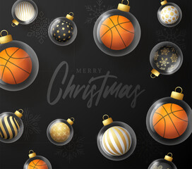 Basketball Christmas and New Year greeting banner. Merry Christmas golden greeting card with glass xmas ball as a bauble on beige background. Vector illustration sport modern banner