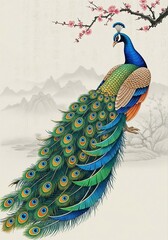 Beautiful of Cute Stunning Peacock with Elegant Tail in Serene Landscape