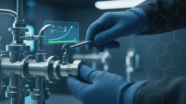Hydrogen Fuel Future Energy Technician using a wrench on a pipe with digital interface in a modern setting. - Powered by Adobe
