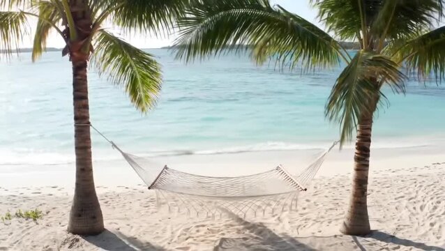 Hammock strung between palm trees on a white sand beach overlooking the turquoise ocean water