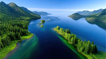 Scenic Aerial Photo Of A Mountain Lake With Narrow Islands Surrounded By Lush Green Forests Under A Clear Blue Sky