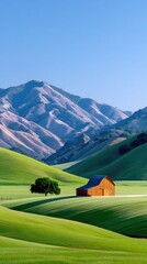 Serene Rustic Barn Nestled Amidst Lush Rolling Hills Under a Clear Blue Sky with Majestic Mountains in the Background