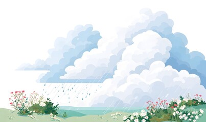 Fototapeta premium cute dreamy scene with puffy clouds raining gentle pastel raindrops, light turquoise sky, tiny green meadow at the bottom with a few flowers