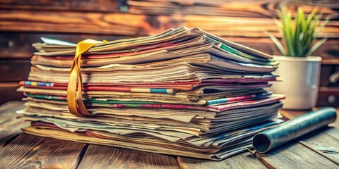 A stack of old colored magazines on a wooden table with scattered papers and pens, old magazines, vintage magazines