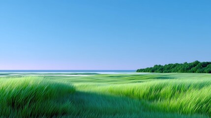 Vast Grassy Meadow Under a Clear Blue Sky Leading to a Distant Forest and Calm Water in Soft Sunlight