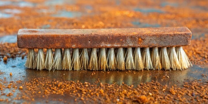 Metal wire brush scrubbing off rust from an old metal sheet with a rusty patina, revealing the underlying steel surface , machine maintenance, metal fabrication