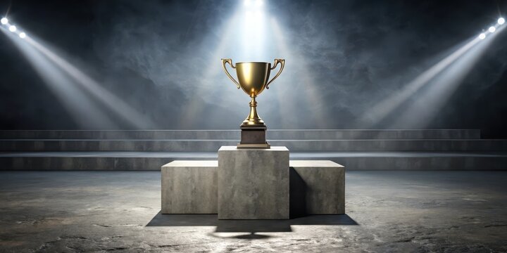 An empty podium stands proudly, its surface adorned with a single trophy, radiating a sense of accomplishment and quiet triumph in an otherwise barren setting , trophies, achievements