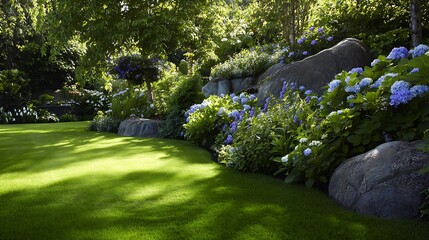 Fototapeta premium Lush Green Lawn with Hydrangeas, Rocks, and Trees in a Garden