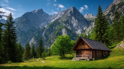 Fototapeta premium Serene Mountain Landscape with Log Cabin Surrounded by Lush Green Forest and Majestic Peaks in Bavaria
