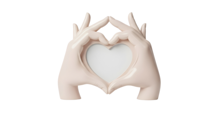 Pale pink ceramic hands making heart shape photo frame isolated on white background