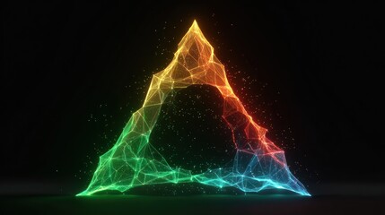 Obraz premium A vibrant, glowing triangular structure composed of connected particles against a black background
