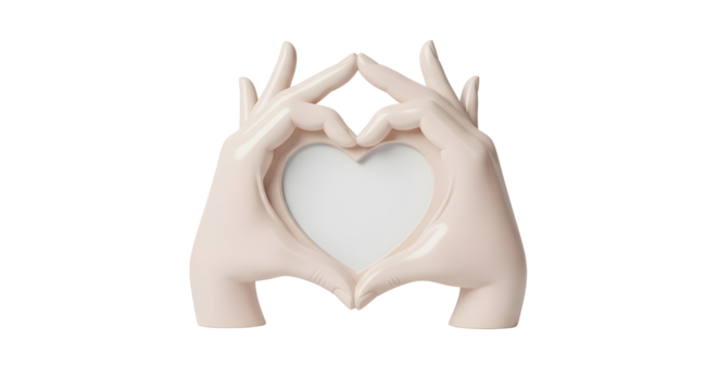 Pale pink ceramic hands making heart shape photo frame isolated on white background - Powered by Adobe