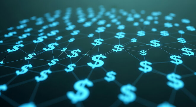 Glowing blue dollar signs connected in a digital network grid currency money