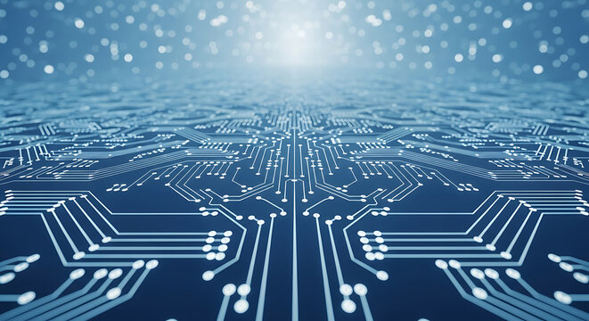 Blue circuit board with glowing lights and bokeh background technology electronic