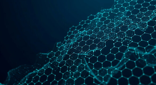Glowing blue hexagonal network structure on dark background abstract technology