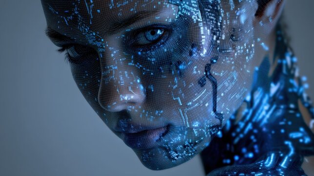 Futuristic Portrait of a Woman with Digital Circuit Patterns on Skin in Blue Lighting and Tech-Inspired Aesthetic