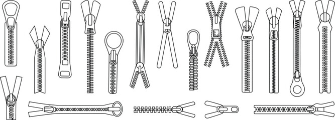 Zipper vector sheet, black and white zipper icons, various zipper styles, garment fastener illustration, fashion accessory clipart, textile design reference © Md