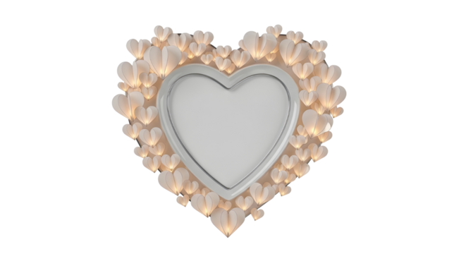 Luxury decorative heart picture frame surrounded by glowing hearts isolated on white.
