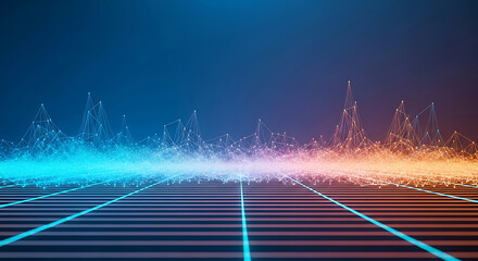 Abstract network graph with blue and orange light on grid data technology