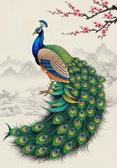 Beautiful of Cute Artistic Peacock with Rich Colors and Cherry Blossoms