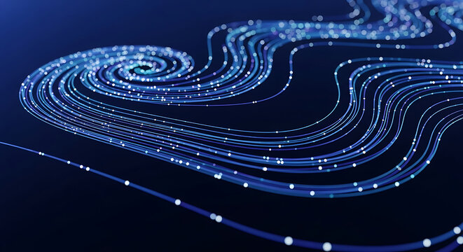 Swirling blue light trails with white dots on dark background abstract - Powered by Adobe
