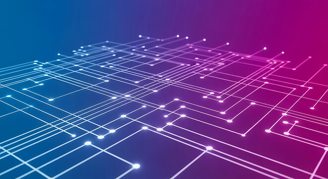 Abstract digital network grid with glowing nodes on gradient background technology