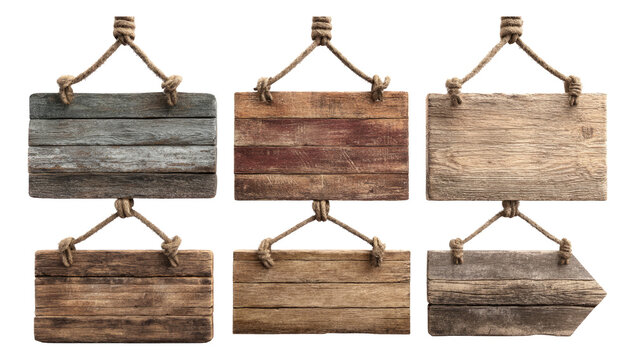 Rustic Wooden Sign Boards Displayed with Ropes on Transparent Background