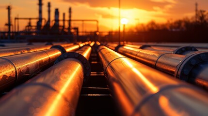 Close up of metallic oil and gas pipes at sunset, highlighting industrial power and infrastructure