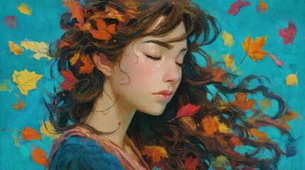 Young woman with flowing hair surrounded by colorful autumn leaves against a vibrant blue background