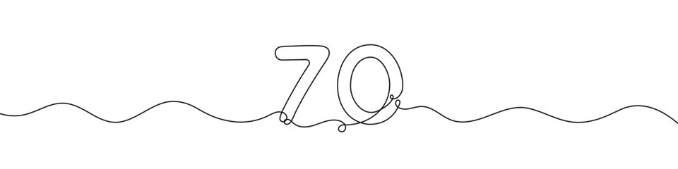 Number 70 continuous line vector illustration. Minimalist monoline drawing style for birthday, anniversary, or milestone celebration design.