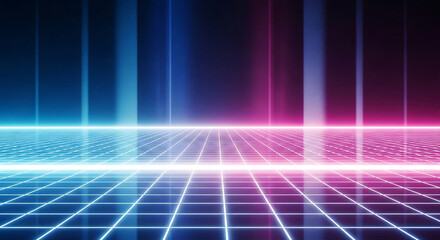 Neon grid landscape with glowing vertical beams and starry sky image