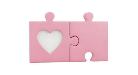 Two pink interlocking jigsaw puzzle pieces forming a heart shape isolated on white background