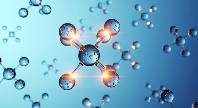 Blue molecular structures with glowing orange light on a gradient blue background
