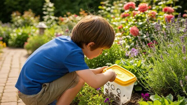 Little boy catching insects into an observation container. Child exploring a bug catcher in a summer garden setting. Child activity.