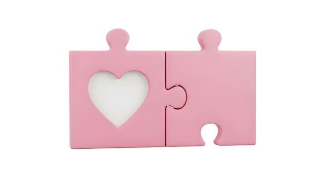 Two pink interlocking jigsaw puzzle pieces forming a heart shape isolated on white background