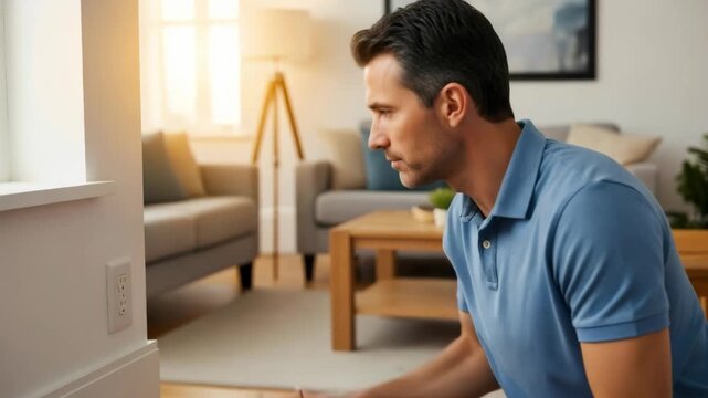 Man using pest detection tool to inspect wall outlet for pest infestation and home protection for pest management