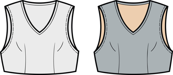 Sleeveless V-neck top design, dart shaping detail, contrast lining, fashion flat sketch, garment template, cad drawing flat vector illustration