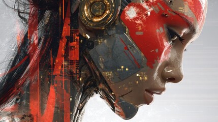 Futuristic Portrait of a Female Cyborg with Technology Elements and Abstract Patterns in Vibrant Colors