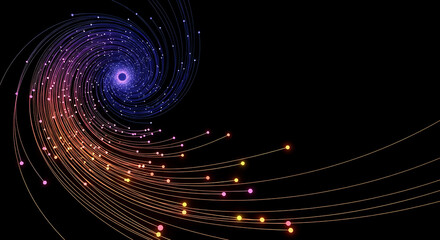 Swirling vortex of glowing particles in purple orange and yellow abstract background