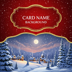 Festive Christmas card design with a snowy winter village scene at night under a full moon.
