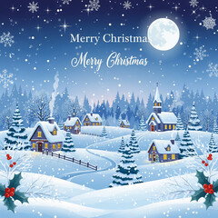 A beautiful snowy Christmas village scene with a full moon and falling snowflakes.